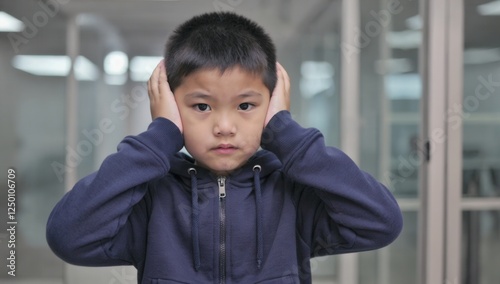 A young boy in a hoodie covering his ears with a distressed expression. Perfect for themes of noise sensitivity, childhood stress, emotions, and discomfort