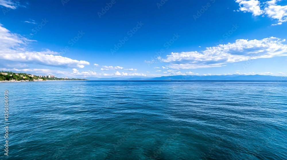 Obraz premium Stunning Coastal View of Clear Blue Ocean Under Bright Sunny Sky with Cloud Patterns : Generative AI