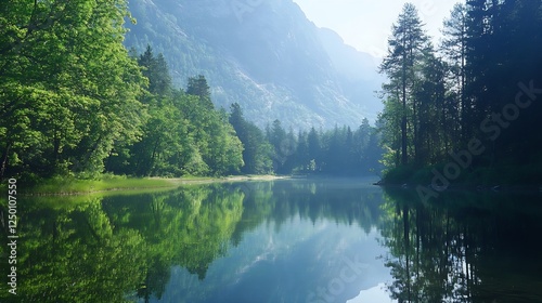 Stunning landscape of a serene lake surrounded by lush greenery and majestic mountains under soft sunlight : Generative AI photo