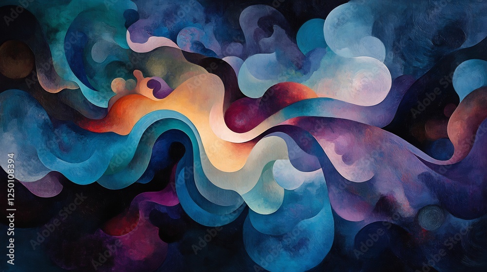 Obraz premium Abstract swirling forms paint a dreamy nighttime scene with vibrant blues purples and oranges. AI Generated