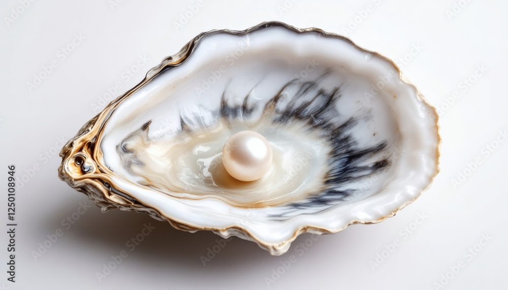 Elegant Pearl Nestled in a Large Oyster Shell Against a White Background Elegant Pearl Nestled in a Large Oyster Shell Against a White Background