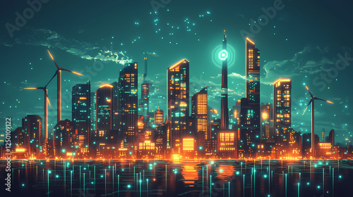 Wallpaper Mural A pixel art depiction of a solar-powered city with animated wind turbines and glowing lights in a retro style. Solar-Powered Cities. Illustration Torontodigital.ca