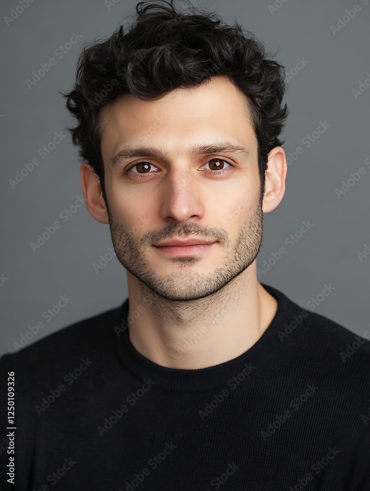 Obraz premium Portrait of a handsome man with curly hair wearing a black sweater looking confidently at the camera : Generative AI