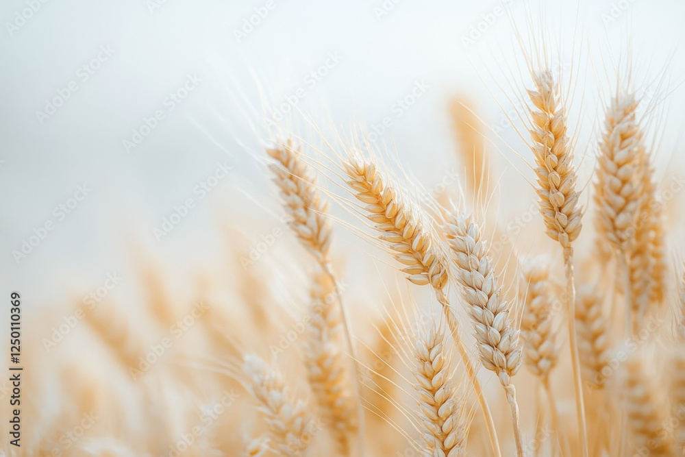 Obraz premium Golden wheat field under a clear blue sky, with a gently blurred farmhouse in the background.