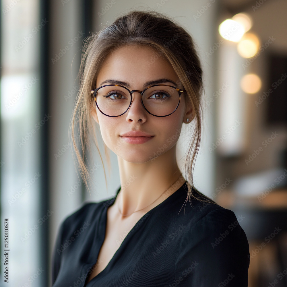 Professional portrait of a young woman in stylish eyewear modern office setting high-quality photography bright indoor environment close-up perspective Professional portrait of a young woman in stylish eyewear modern office setting high-quality photography bright indoor environment close-up perspective