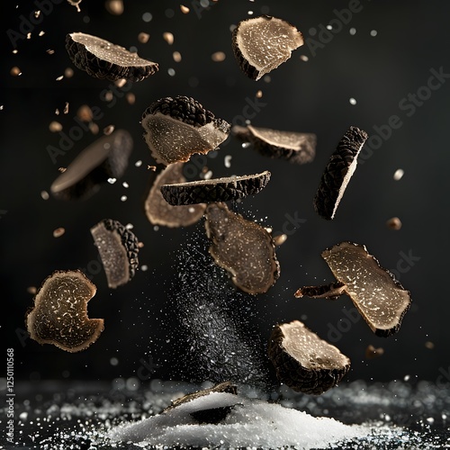 Exquisite Slices of Black Truffles and Salt Suspended in the Air on a Dramatic Dark Background