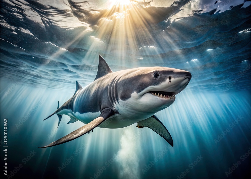 Fototapeta premium Overhead shot: a slow-motion shark glides through the ocean's depths.