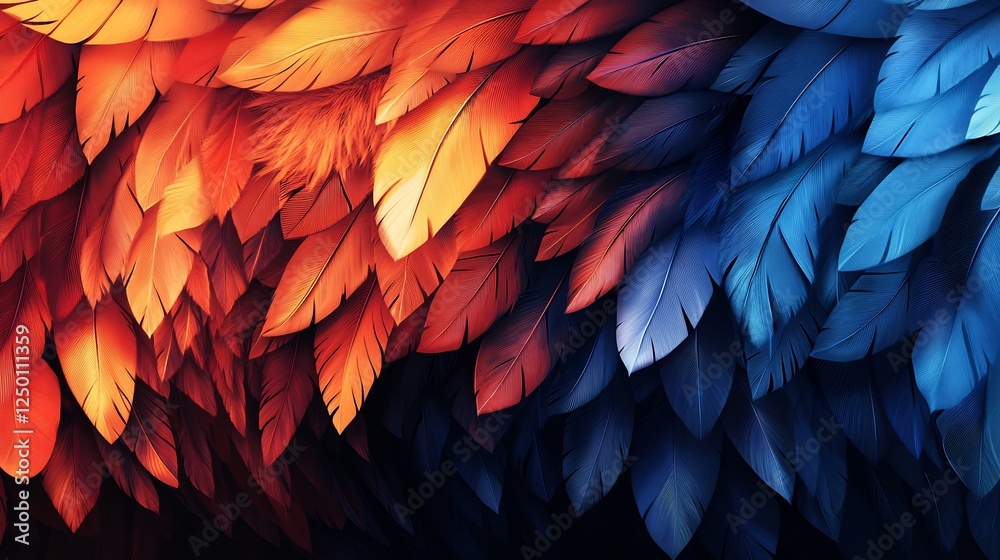 Fototapeta premium Vibrant red and blue feathers overlap creating dramatic contrast. AI Generated