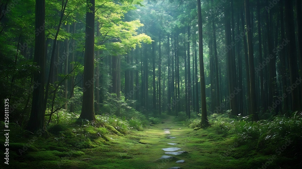 Obraz premium Serene Dense Forest Pathway Surrounded by Lush Green Trees and a Calm Atmosphere Inviting Nature Walks : Generative AI