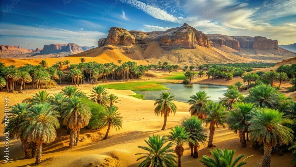 A serene green oasis nestled within a vast expanse of golden desert sands, dotted with palm trees and surrounded by rocky outcroppings , rocks, palm trees A serene green oasis nestled within a vast expanse of golden desert sands, dotted with palm trees and surrounded by rocky outcroppings , rocks, palm trees