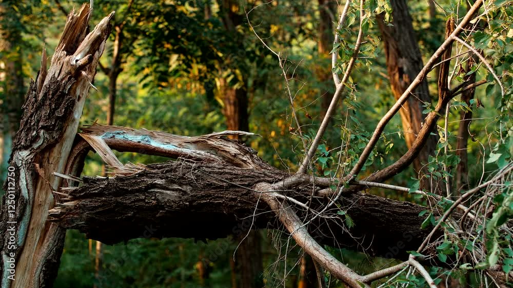 Large tree damaged by lightning and wind reveals the power of nature in a forest setting Large tree damaged by lightning and wind reveals the power of nature in a forest setting
