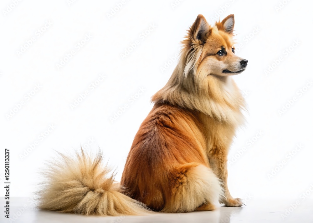 Fototapeta premium Adorable Fluffy Dog Sitting on Floor, Back View - Isolated Panoramic Image