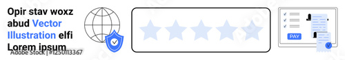 Globe with checkmark shield, five stars for rating, payment form on digital screen. Ideal for online reviews, cybersecurity, e-commerce, digital trust, financial transactions, feedback systems