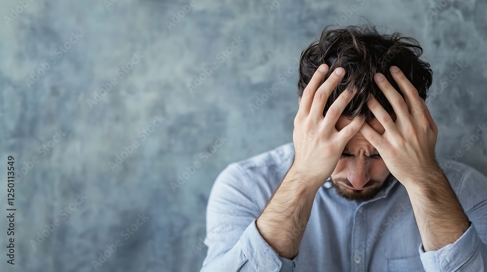 Man Expressing Stress and Anxiety with Hands in Hair : Generative AI Man Expressing Stress and Anxiety with Hands in Hair : Generative AI
