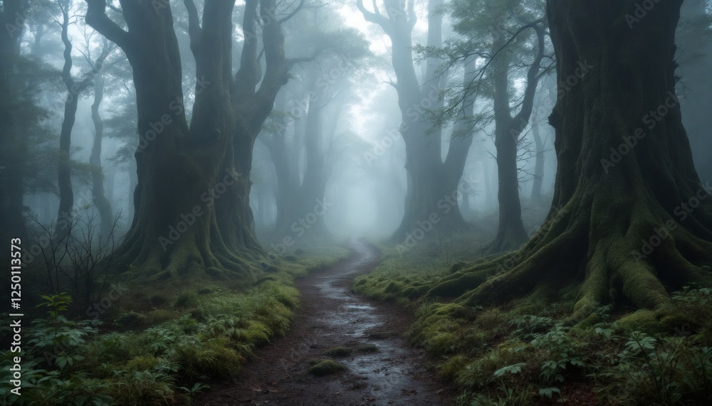 Fototapeta premium Enigmatic Path Through Ancient Fog-Enshrouded Forest Trees