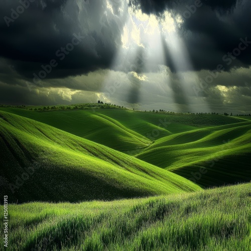 Sunbeams pierce storm clouds over rolling green hills (1) photo