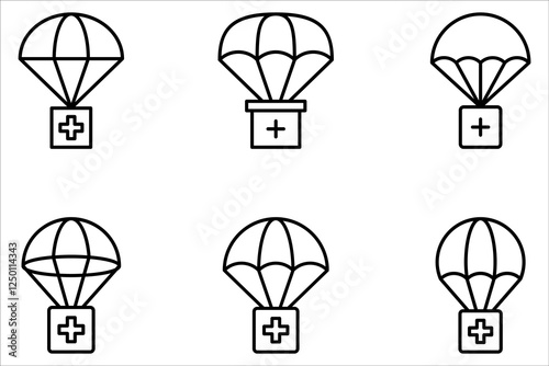 Parachute with first aid kit line icon set. humanitarian aid icon with a parachute on white background