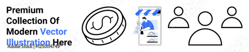 Coin symbolizing currency, e-commerce storefront displaying products, and three outlined user icons. Ideal for finance, technology, marketing, online stores, customer engagement, teamwork community