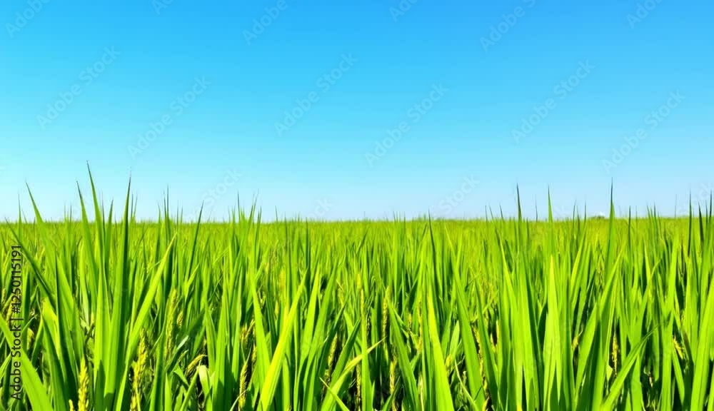 Vibrant Green Rice Paddy Under a Clear Blue Sky Vibrant Green Rice Paddy Under a Clear Blue Sky