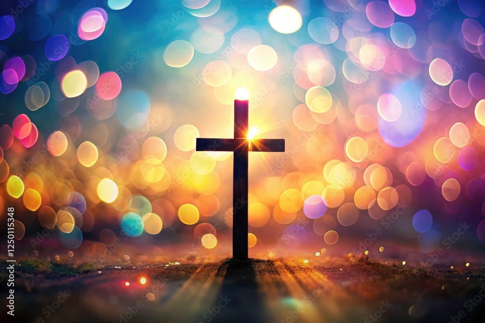Surreal bokeh backdrop softly illuminates a Christian cross silhouette; spiritual photography at its finest. Surreal bokeh backdrop softly illuminates a Christian cross silhouette; spiritual photography at its finest.