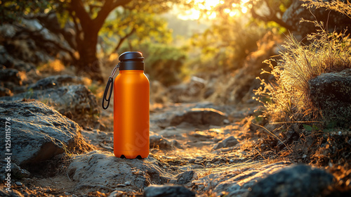 Orange water bottle mockup in outdoor setting with rocky path and natural sunlight photo