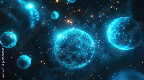 Wallpaper Mural Blue Glowing Spheres with Network Connections in Dark Space Background Torontodigital.ca