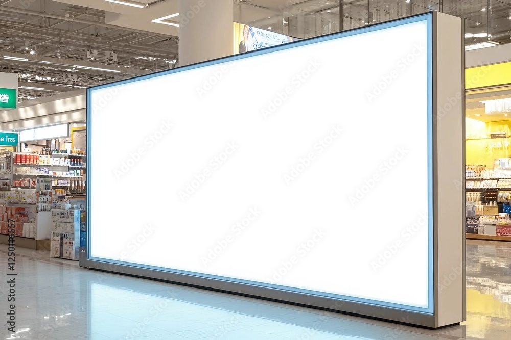 Mockup Blank large LED screen at front of showroom in shopping mall, Empty space for insert multi-media advertising to information product on display Mockup Blank large LED screen at front of showroom in shopping mall, Empty space for insert multi-media advertising to information product on display