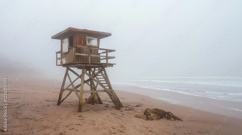 A foggy beach scene featuring a lifeguard tower overlooking the ocean, with soft waves lapping at the sandy shore. A foggy beach scene featuring a lifeguard tower overlooking the ocean, with soft waves lapping at the sandy shore.