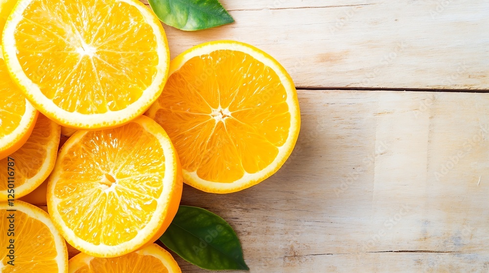 Freshly Sliced Oranges with Juicy Segments and Green Leaves on Rustic Wooden Surface : Generative AI Freshly Sliced Oranges with Juicy Segments and Green Leaves on Rustic Wooden Surface : Generative AI