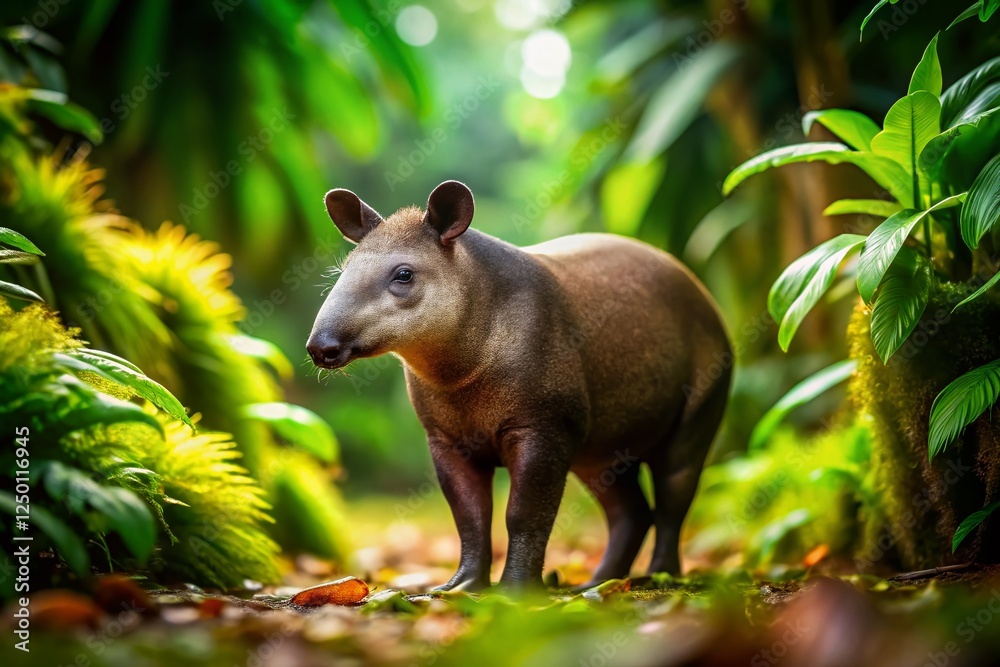 Fototapeta premium Adorable Tapir in Lush Rainforest Habitat - Tilt-Shift Miniature Photography