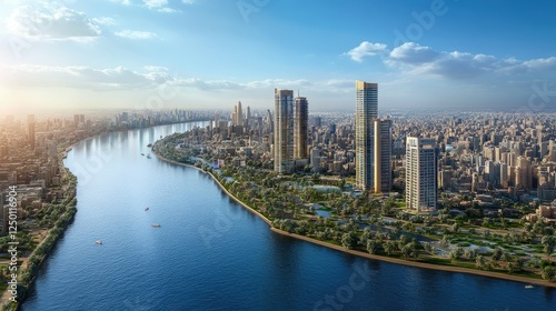Modern City Skyline with River View and Lush Green Landscape