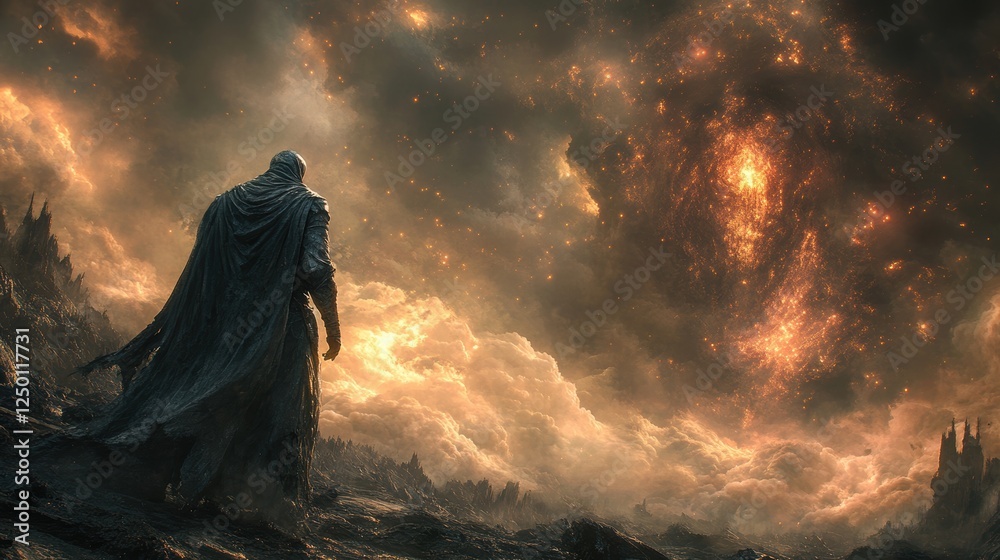 A lone figure stands against a dramatic, fiery sky in a desolate landscape. A lone figure stands against a dramatic, fiery sky in a desolate landscape.