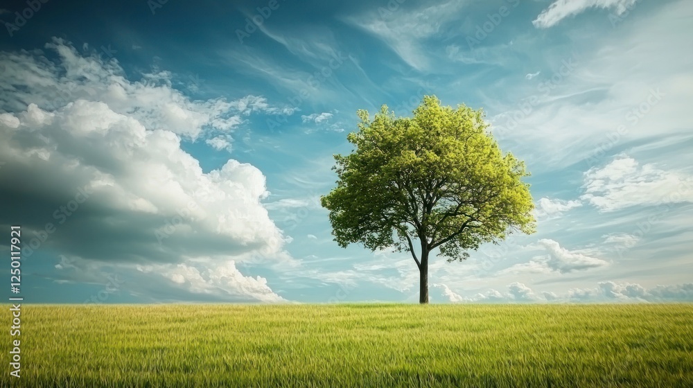 Fototapeta premium A lone tree standing in an empty field under a cloudy sky.
