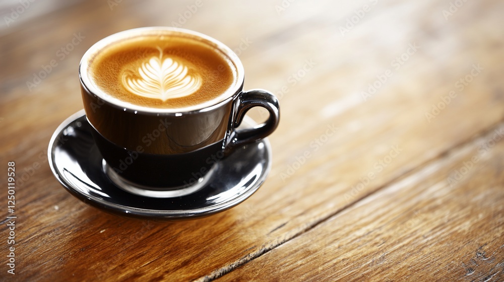 Fototapeta premium Latte art coffee cup on wood table, cafe background