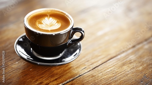 Latte art coffee cup on wood table, cafe background
