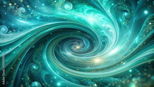 Mysterious aquamarine and mint hues blending together in a mesmerizing swirl, accented with subtle metallic sheen , cosmic colors, mystical