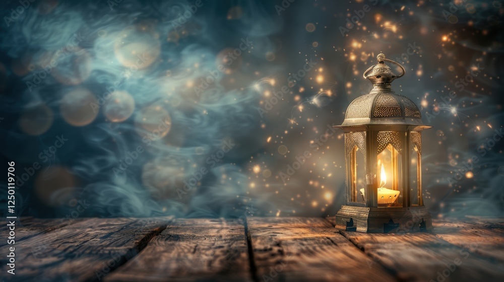 Fototapeta premium Enchanting Glowing Lantern on Rustic Wood, Mystical Atmosphere.