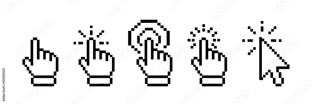 Fototapeta premium Pixel pointer cursor сomputer mouse icon set. Pixel clicking cursor, pointing hand clicks icons. Pixel Click cursor symbol. Vector Illustration.