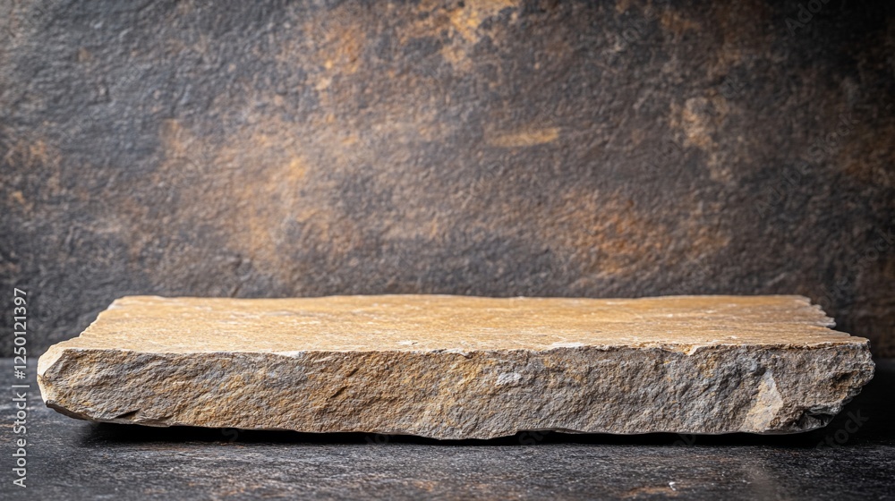 Rough-hewn stone slab on dark background; empty product display. Rough-hewn stone slab on dark background; empty product display.