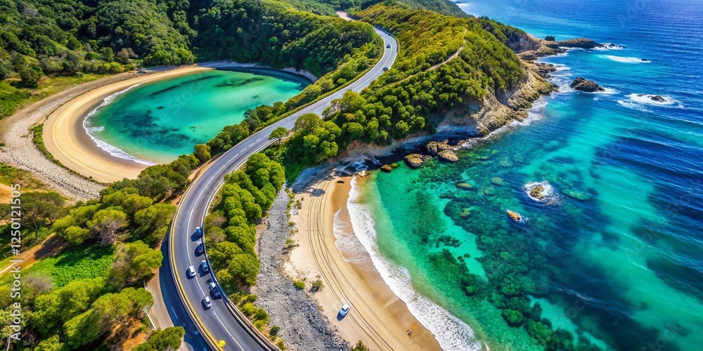 Fototapeta premium Aerial View: Coastal Road Trip, Journey to the Ocean and Back
