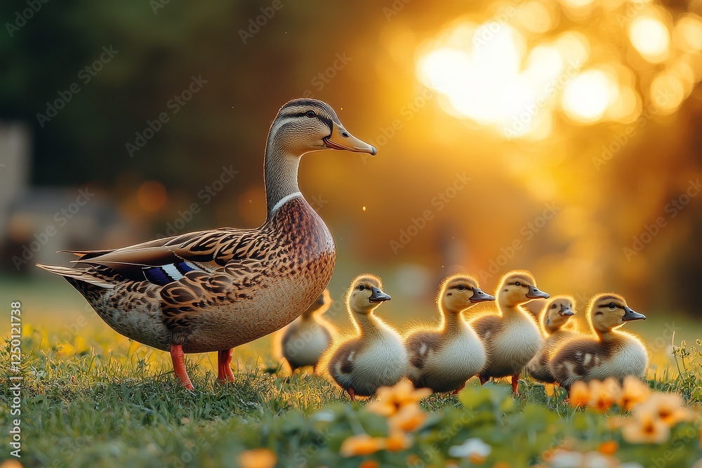 A group of ducks walking in the grass near flowers and plants at sunset in a pastoral farm setting. A group of ducks walking in the grass near flowers and plants at sunset in a pastoral farm setting.