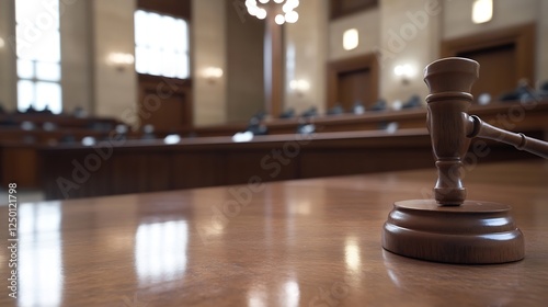 Wooden gavel on courtroom table representing justice and law : Generative AI