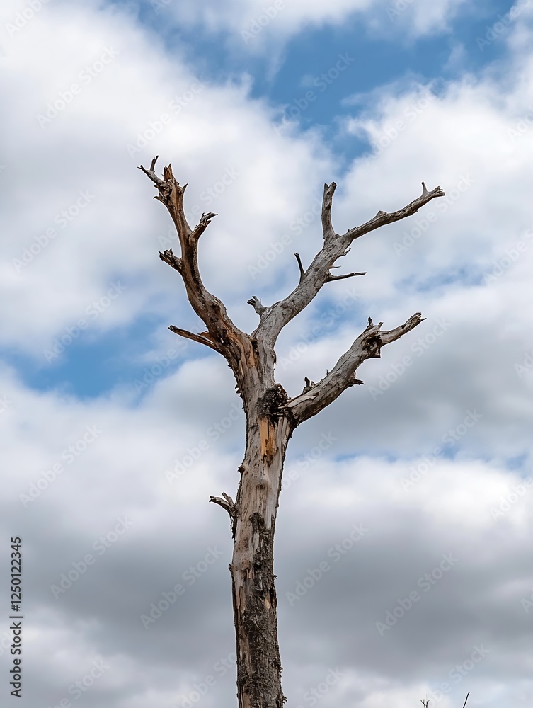 Lonely Dead Tree Against a Dramatic Sky with Partly Cloudy Background : Generative AI
