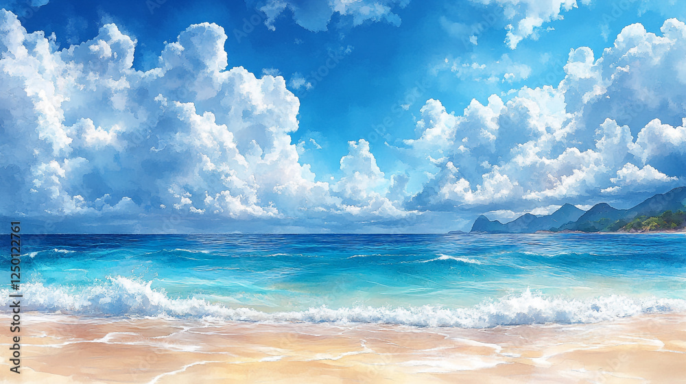 Serene Beach Scene Summer Ocean Waves Blue Sky Cloudscape Tropical Island Paradise Vacation Serene Beach Scene Summer Ocean Waves Blue Sky Cloudscape Tropical Island Paradise Vacation