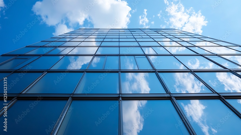 Reflective glass building reaching towards the sky with fluffy clouds vast view from below perspective : Generative AI Reflective glass building reaching towards the sky with fluffy clouds vast view from below perspective : Generative AI