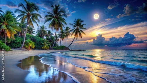 Serene tropical island beach at dusk with soft moonlight illuminating the waves and palm trees
