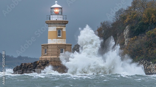 dramatic image of a lighthouse battered by a raging storm, with waves crashing against the rocks. Copy space to the right. Lighthouse View 