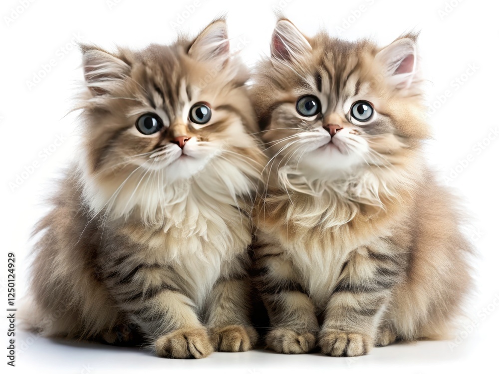 Surreal white canvas showcases playful Persian kittens; captivating pet portraits. Surreal white canvas showcases playful Persian kittens; captivating pet portraits.