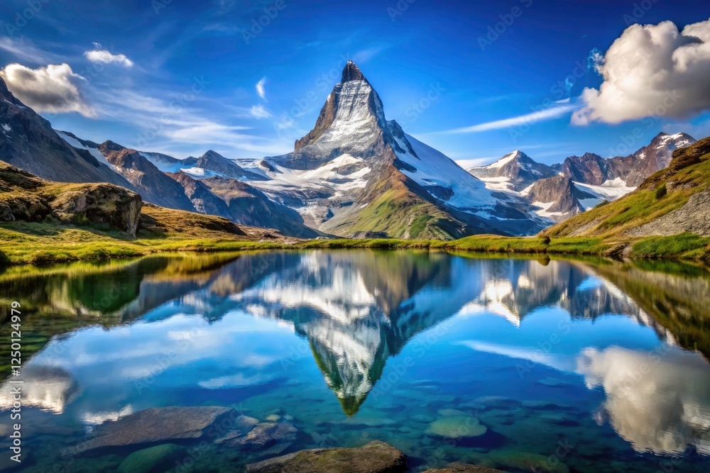 Fototapeta premium Switzerland's Riffelsee: A summer masterpiece, the Matterhorn's perfect reflection graces this stunning alpine lake.