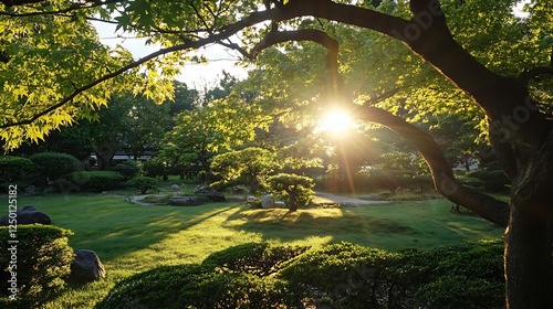 Breathtaking Sunlight Streaming Through Trees in Serene Garden Landscape : Generative AI photo